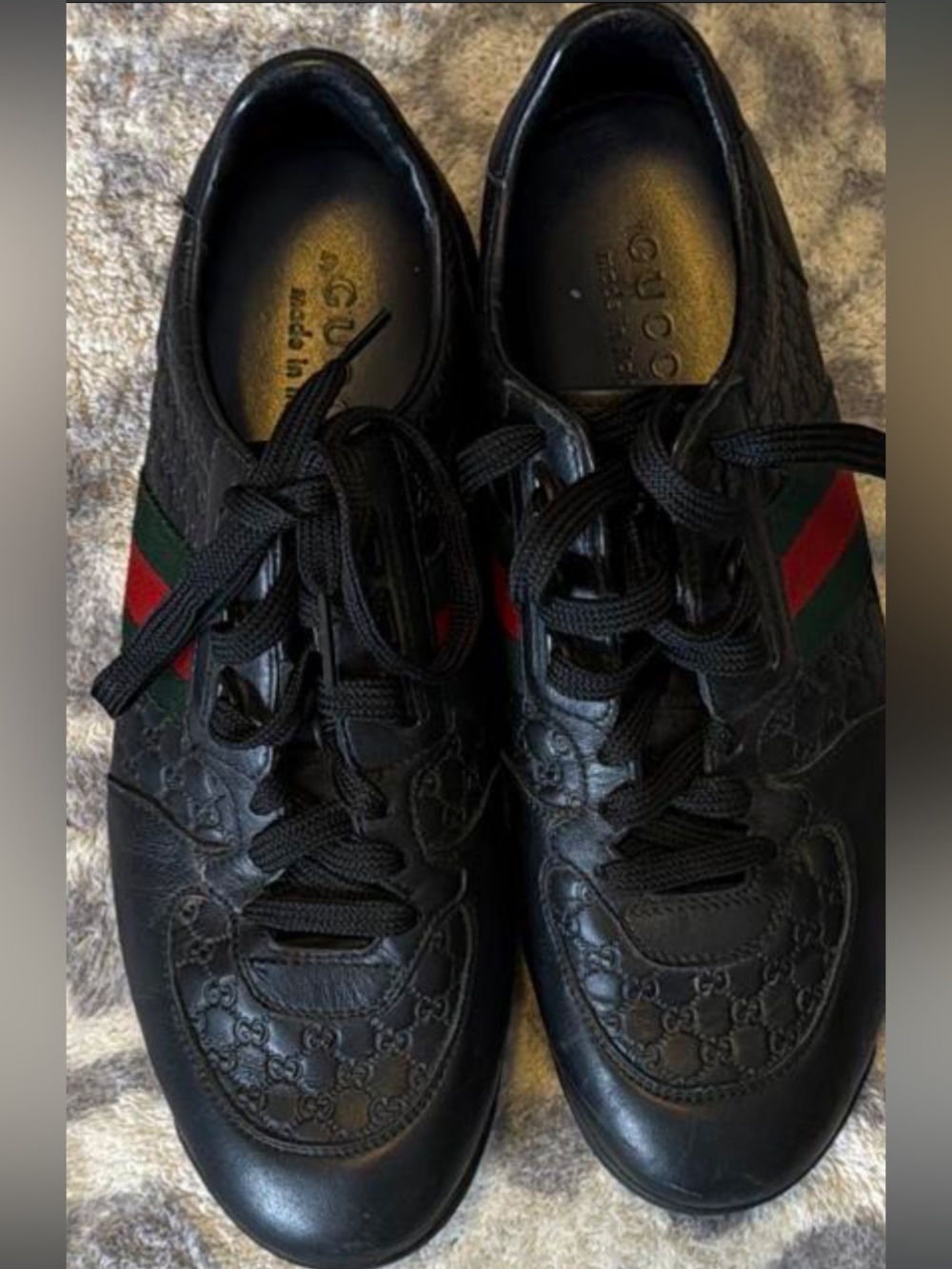 Gucci Black Leather Men’s Sneakers with Green & Red Stripe 8.5 - Picture 4 of 11